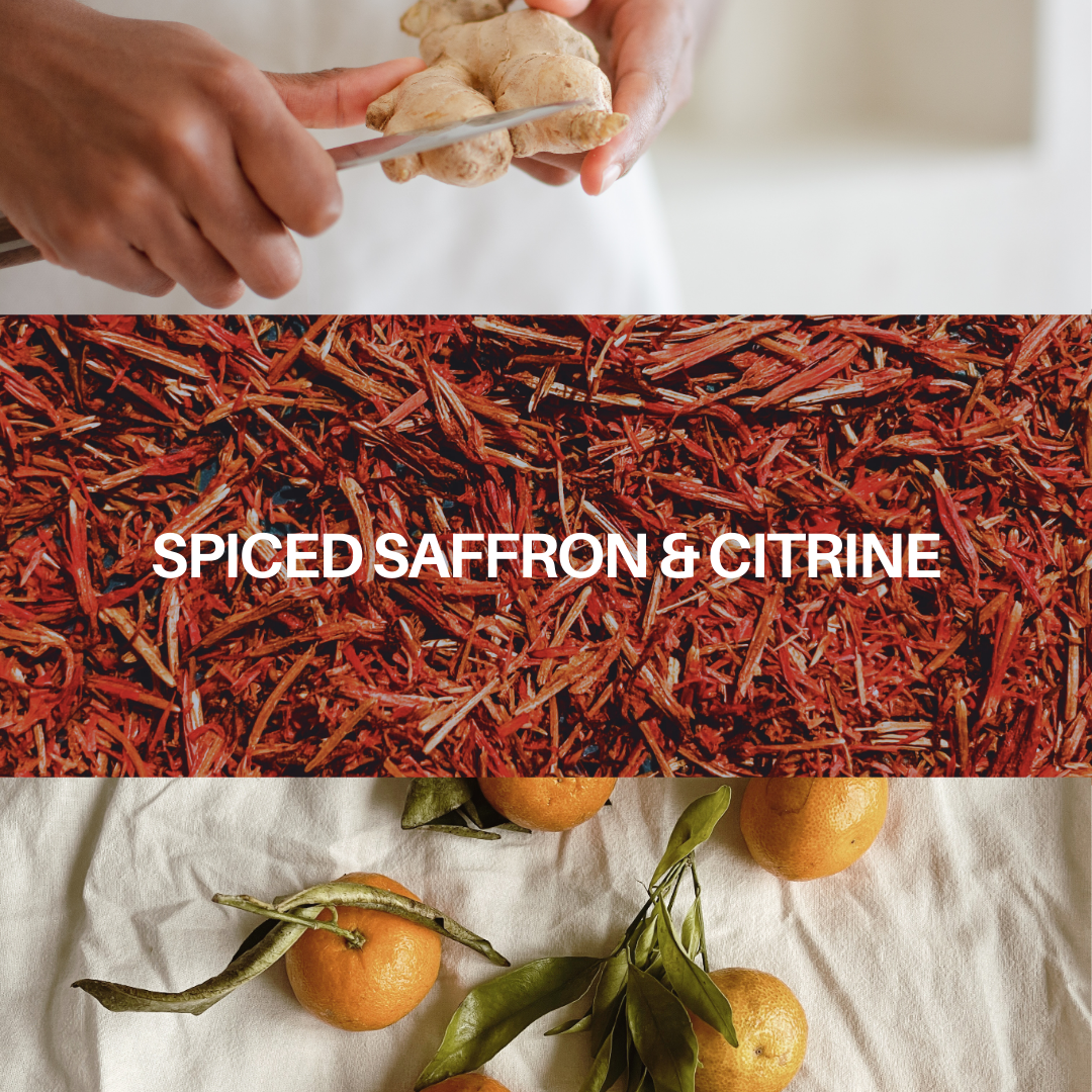 Top image of hands holding a piece of ginger, middle section with text 'Spiced Saffron & Citrine', bottom image of oranges and leaves.