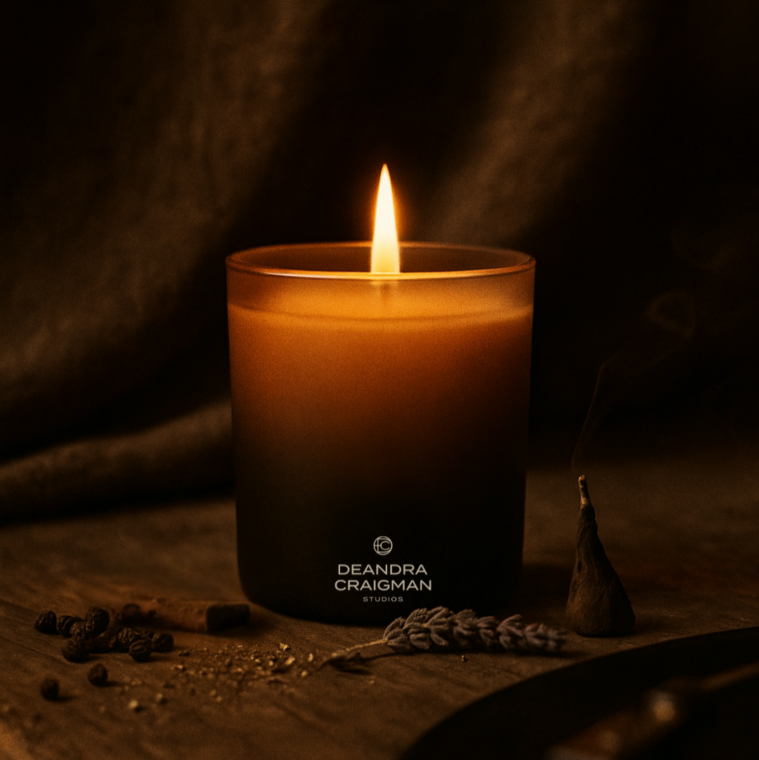 Candle with a flame on a dark background, featuring the brand 'Deandra Craigman'.